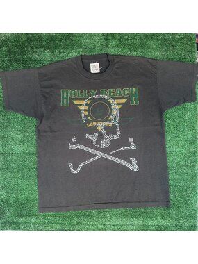 Vintage 90s Holly Beach Louisiana Skull T-Shirt Black XL Bedazzled Single Stitch